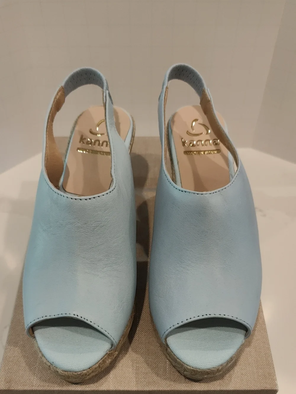 Kanna Light Blue Espadrille Wedge Slingback Peep-Toe Sandals.  Size 38/7.5